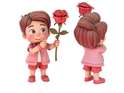 Decorative Figurine Set With Cute Cartoon Characters Red Roses And Pink Outfits 3d model