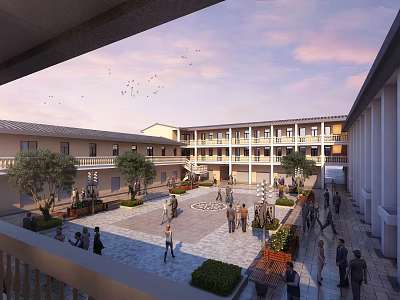 Traditional Courtyard Plaza Surrounded By Multi Story Buildings People Gathering Trees And Sunset Sky 3d model