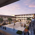 Traditional Courtyard Plaza Surrounded By Multi Story Buildings People Gathering Trees And Sunset Sky