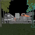 Modern Office Complex With Glass Curtain Walls Geometric Architectural Design Illuminated Night View And Pedestrians
