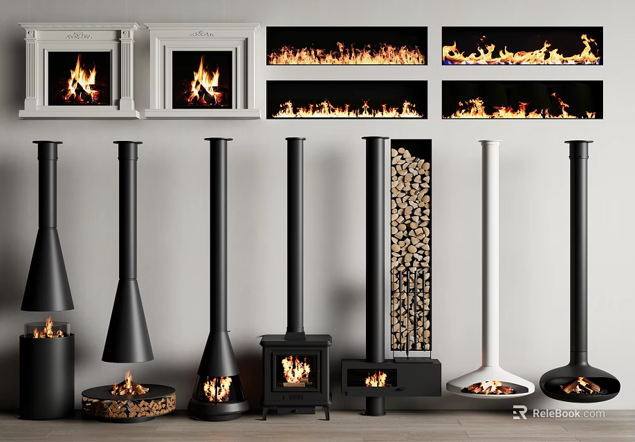 Modern Fireplace Collection Featuring Freestanding Designs Flames Wood Logs And Black White Styles 3d model 