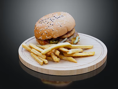 Juicy Beef Burger With Sesame Seed Bun And Crispy Fries On Wooden Plate 3d model