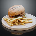 Juicy Beef Burger With Sesame Seed Bun And Crispy Fries On Wooden Plate