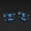 Two Blue Fantasy Monster Figures With Horns Tentacles And Glowing Eyes On Dark Reflective Surface