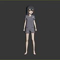 3D Anime Character Girl Standing In Gray Outfit With Red Eyes And Gray Hair
