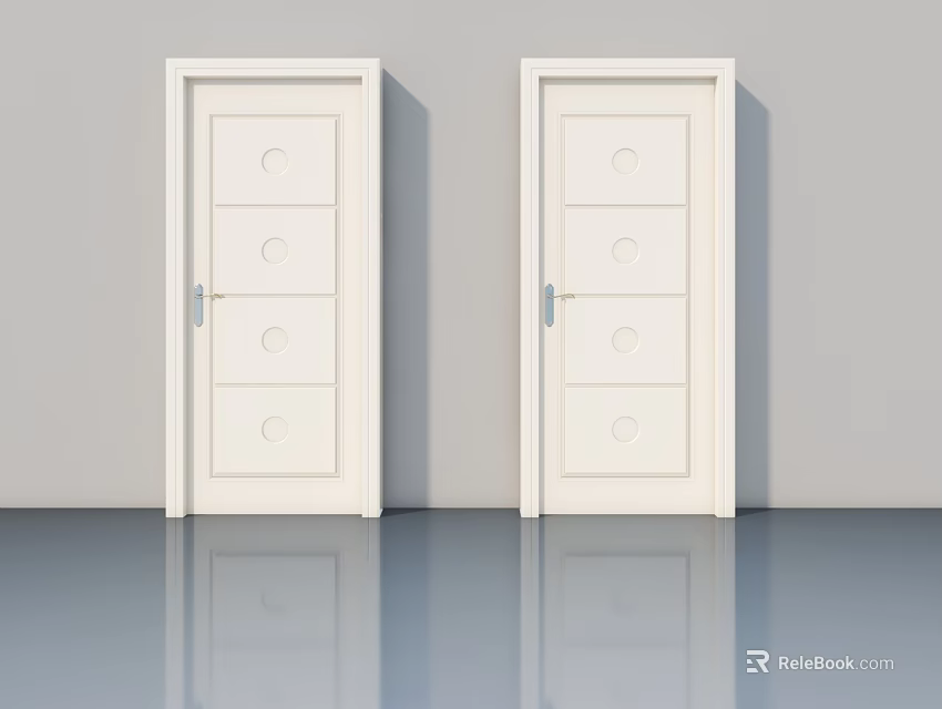 Two White Hinged Doors With Circular Decorations In Modern Minimalist Style 3d model 