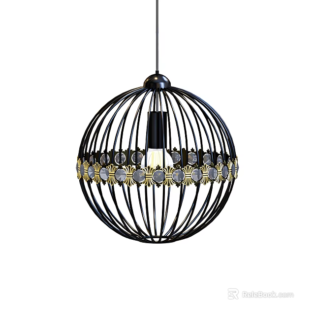Modern Spherical Chandelier with Black Metal Frame Gold Accents Transparent Circular Elements and Illuminated Interior 3d model 