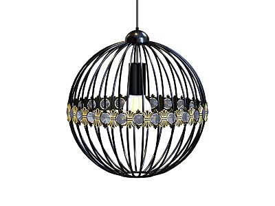 Modern Spherical Chandelier with Black Metal Frame Gold Accents Transparent Circular Elements and Illuminated Interior 3d model