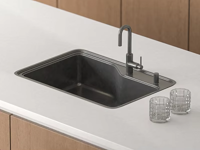 Modern Stainless Steel Kitchen Sink with Faucet on White Countertop and Wooden Cabinets 3d model
