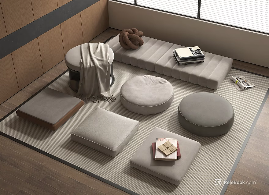 Modern Japanese Style Sofa Coffee Table Combination with Cushions Rug and Books 3d model 