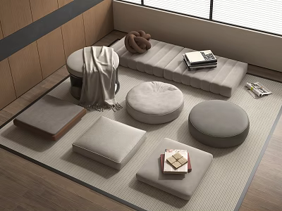 Modern Japanese Style Sofa Coffee Table Combination with Cushions Rug and Books 3d model