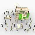 Group of Construction Workers Building Wooden Structure With Scaffolding and Tools
