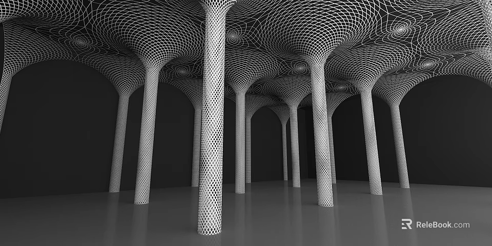Modern Interior Featuring Multiple Lattice Structured Columns On Black Background 3d model