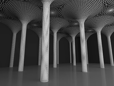 Modern Interior Featuring Multiple Lattice Structured Columns On Black Background 3d model