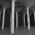 Modern Interior Featuring Multiple Lattice Structured Columns On Black Background 3d model
