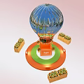 Blue Inflatable Hot Air Balloon Featuring Orange Frame Circular Platform Central Logo and Wooden Planters