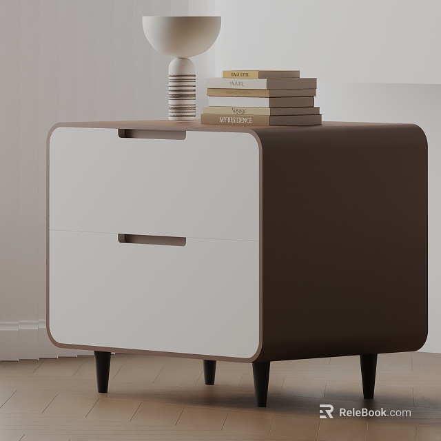 Modern Brown And White Side Table With Drawer Black Legs And Stacked Books 3d model 