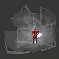 Red Clad Figure Standing On Small Platform With Smoke Lightning Above Holding Shield