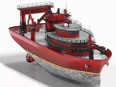 Red Ship With Multi Deck Structure Crane Railing And Gray Yellow Hull 3d model