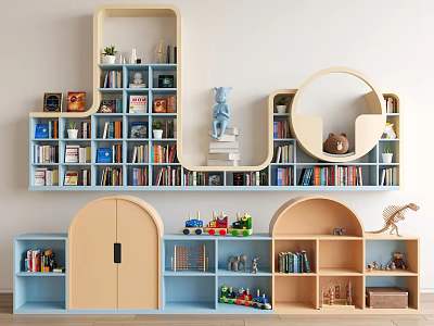 Colorful Bookcase Design With Arched Doors Circular Shelves And Decorative Items 3d model