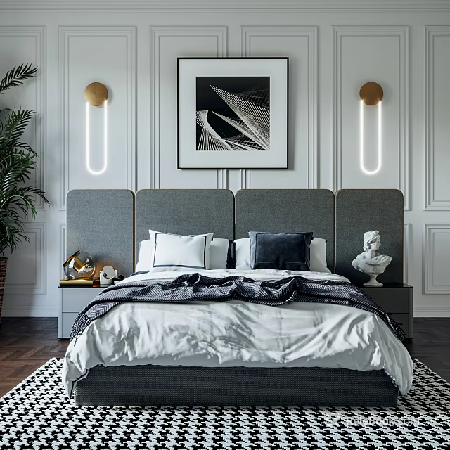 Modern Double Bed with Gray Headboard White Dark Pillows Black White Painting and Wall Lamps 3d model 