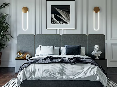 Modern Double Bed with Gray Headboard White Dark Pillows Black White Painting and Wall Lamps 3d model