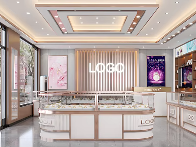 Elegant Modern Jewelry Store Interior With Glass Display Cases Soft Lighting And Brand Logo Signage 3d model