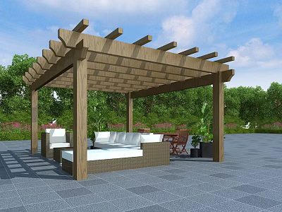 Wooden Pergola Outdoor Seating Space With Sofa Chairs Green Plants And Paved Floor 3d model