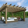 Wooden Pergola Outdoor Seating Space With Sofa Chairs Green Plants And Paved Floor