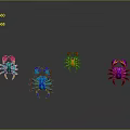 Four Colorful Crab Models in Green Blue Red Purple with Reflection on Gray Gradient Surface