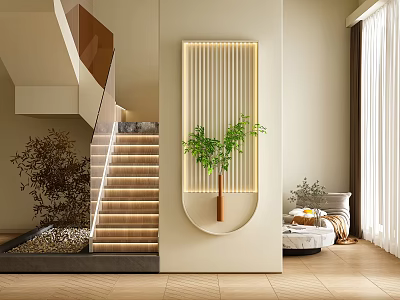 Modern Staircase Interior Design With LED Lighting Vertical Slat Wall And Potted Plant 3d model