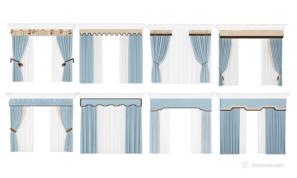 Stylish Blue And White Curtains With Valance Tiebacks And Sheer Panels 3d model 