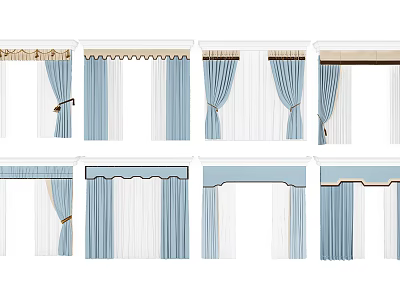 Stylish Blue And White Curtains With Valance Tiebacks And Sheer Panels 3d model