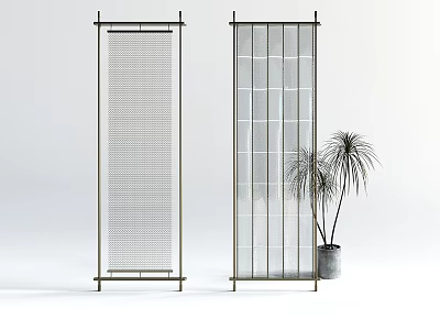 Modern Partitions With Metal Frames Grid And Vertical Slat Designs And Potted Palm Plant 3d model