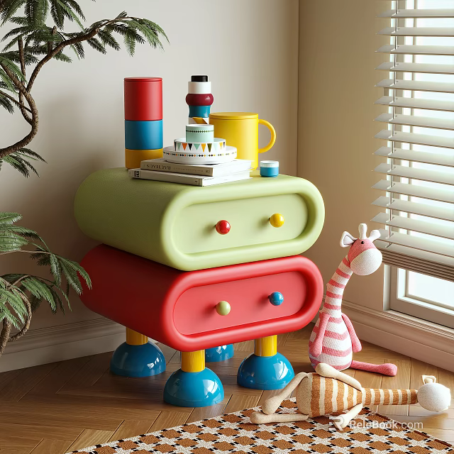 Colorful Children's Nightstand With Two Drawers Colorful Knobs Blue Legs And Giraffe Toy 3d model 