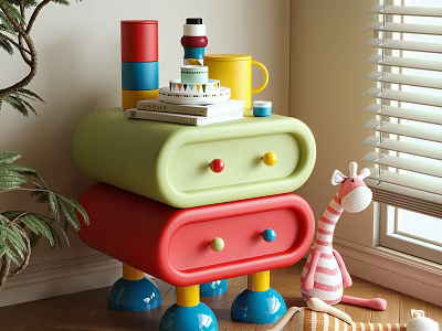 Colorful Children's Nightstand With Two Drawers Colorful Knobs Blue Legs And Giraffe Toy 3d model