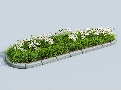 Roadside Facilities With Lush Green Grass White Flowers And Concrete Curb Stones 3d model