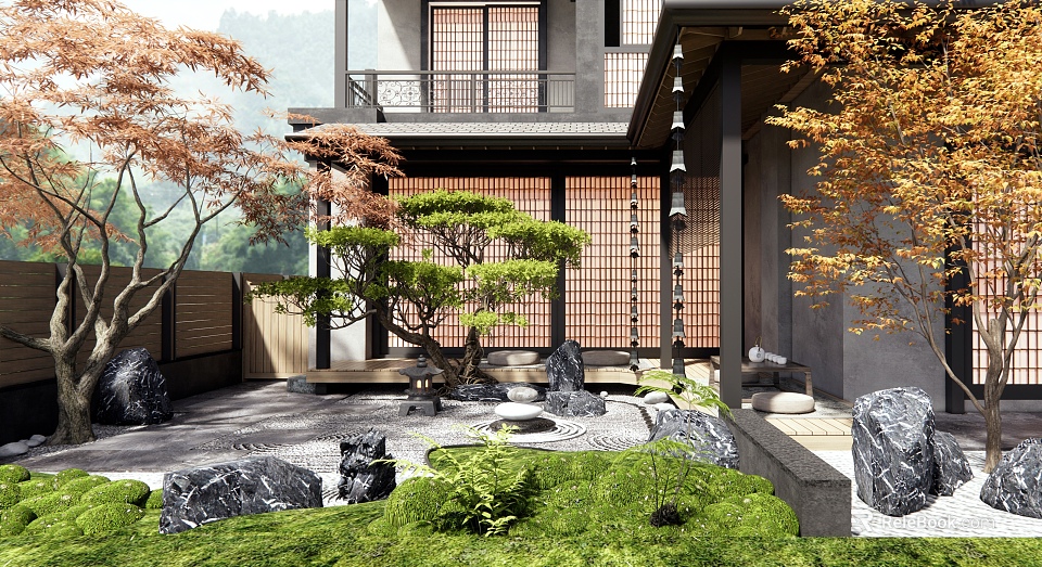 Japanese Style Courtyard Garden with Pine Tree Stones and Lush Green Plants 3d model 