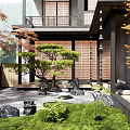 Japanese Style Courtyard Garden with Pine Tree Stones and Lush Green Plants