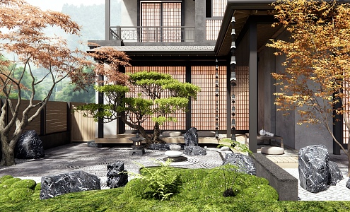 Zen Courtyard Landscape Dry Landscape Stone Bryophytes Gardening Setches Landscape Tree Maple 3d model