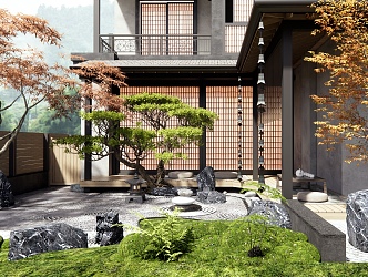 Zen Courtyard Landscape Dry Landscape Stone Bryophytes Gardening Setches Landscape Tree Maple 3d model