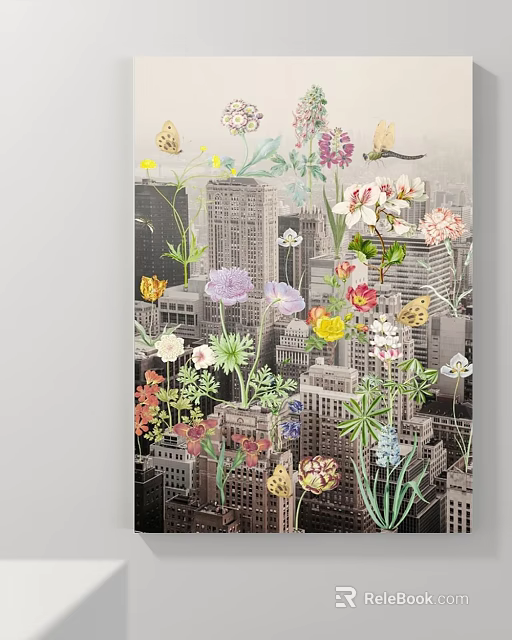 Vibrant Abstract Painting with Urban Buildings Colorful Flowers and Butterflies 3d model 