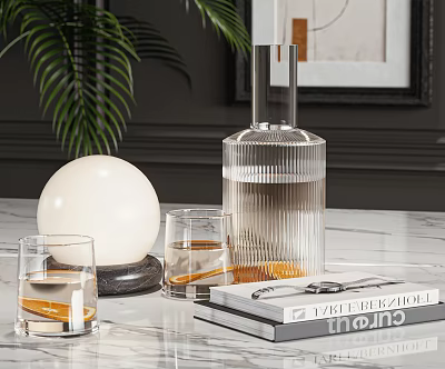 Decorative Ornament Set With Transparent Glass Vase White Sphere Glass Cups Magazine On Marble Tabletop 3d model