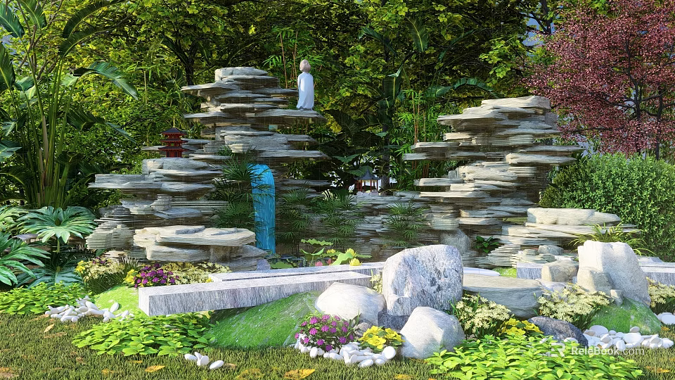 Garden Ornaments Featuring Rockery Stone Formations Lush Green Plants And Decorative Stones 3d model 