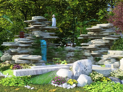 Garden Ornaments Featuring Rockery Stone Formations Lush Green Plants And Decorative Stones 3d model