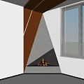 Modern Triangular Fireplace Design With Concrete Finish Burning Wood And Flames 3d model
