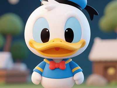 Cute 3D Animated Donald Duck Character With Blue Hat Red Bow Tie And Outdoor Scene 3d model