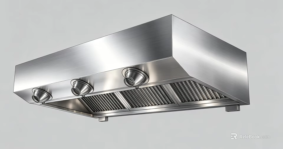 Cafeteria Commercial Kitchen Featuring Stainless Steel Range Hood And Ventilation System 3d model 