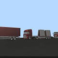 Red Container Truck Flatbed Trailer And Tanker Truck On Black Ground With Blue Sky