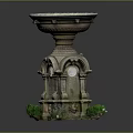 Ornamental Circular Stone Basin With Carved Pedestal And Surrounding Green Plants